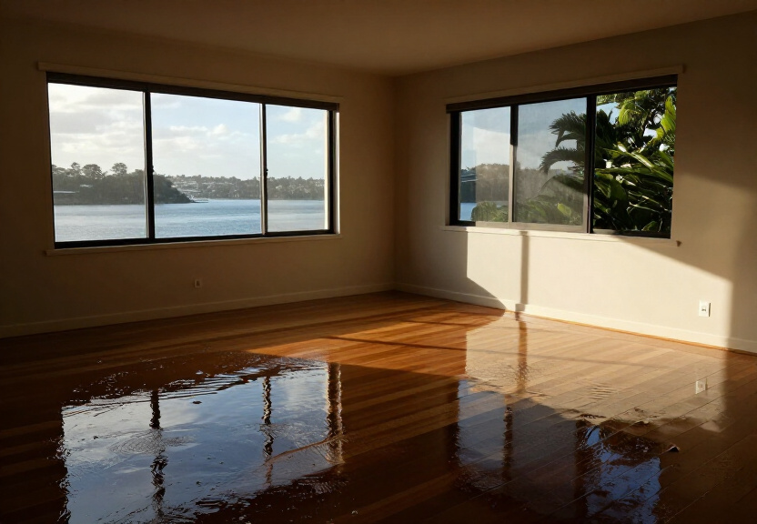 Flooded living room in East Hills before restoration